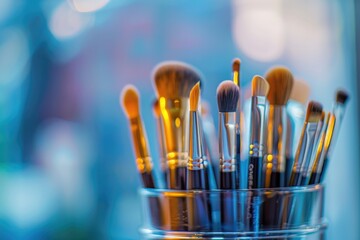 Wall Mural - Makeup brushes set in a holder on a blurred background