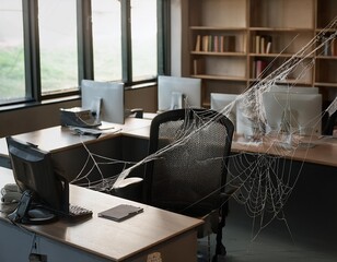 Vacant office with spider webs symbolizes labor shortage and lack of skilled staff