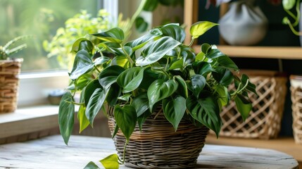 Poster - Philodendron in rattan pot for interior decor and garden fresh air