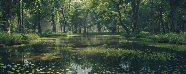 Wall Mural - Calm forest pond with reflections of trees, 4K hyperrealistic photo