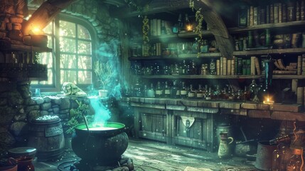 pot of magic potions of a witch in a room with books or potions