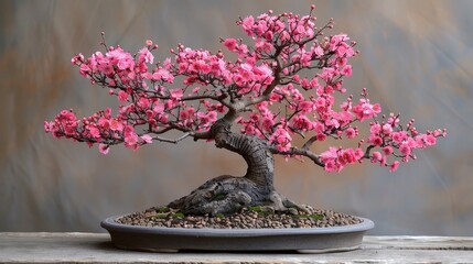 Wall Mural - Bonsai with delicate pink flowers and a unique trunk, presented on a plain background to highlight its beauty