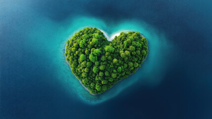 Aerial view of a heart-shaped green island surrounded by clear blue water in the ocean.