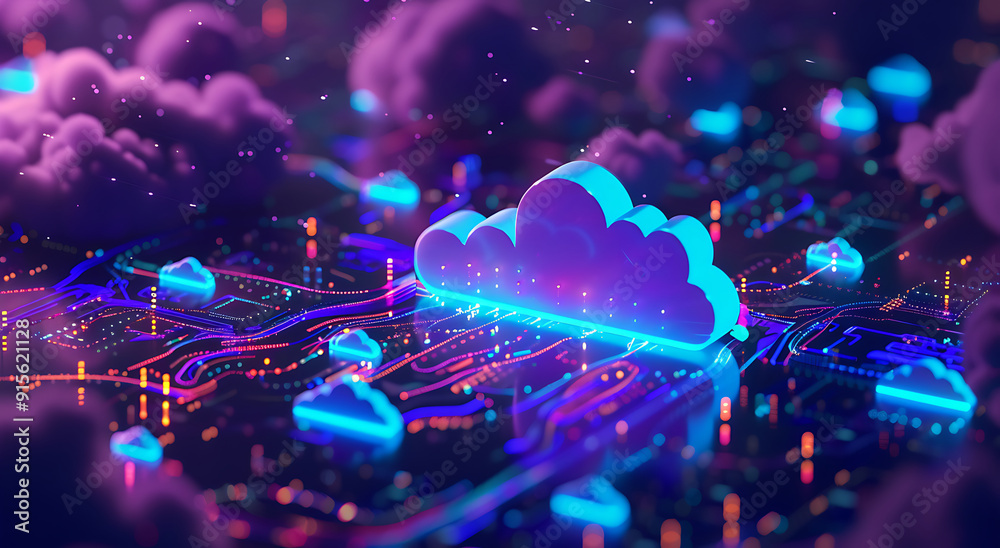 Neon light cloud computing futuristic technology and cloud storage ...