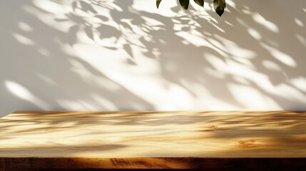 Wall Mural - Wooden Table with Sunlight and Leaf Shadows