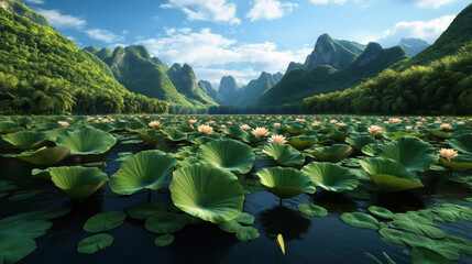 Canvas Print - Scenic view of a tropical water body covered with lotus leaves and flowers, surrounded by lush green mountains under a clear blue sky.