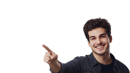 Wall Mural - Man smiling and pointing at copy space on side,isolated on white background,web banner.