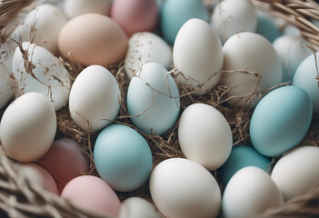 Colorful white easter eggs in basket on background