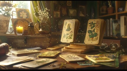 Mystical Tarot Card Spread on Vintage Wooden Table with Ethereal Glow and Celestial Accents