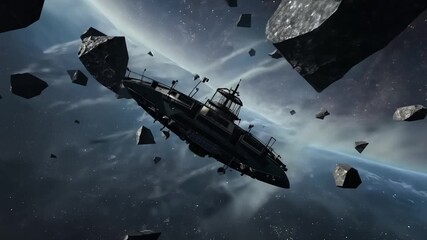 Poster - Spaceship Navigating Through Asteroid Belt In Deep Space Generative AI