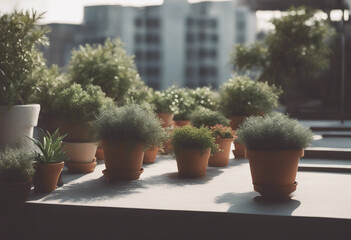 Canvas Print - Empty outdoor roof terrace with potted plants in minimal style