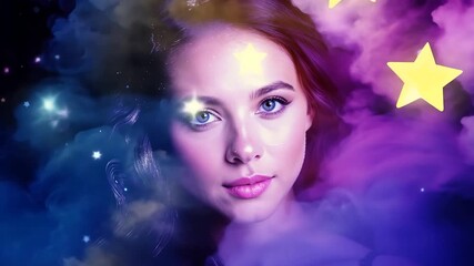 Poster - Young Woman Going To Sleep Against A Cosmic Background Generative AI