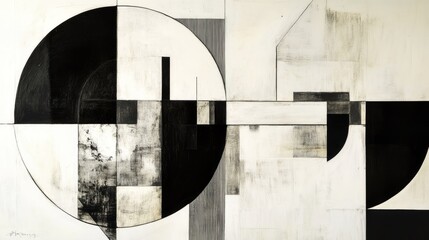 Poster - Bold abstract composition with stark black and white contrasts and geometric elements, set against a clean white background