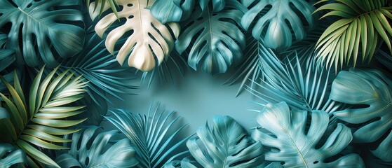 Wall Mural - Minimal pattern of tropical leaves with negative space in a calming white and sage green color scheme.