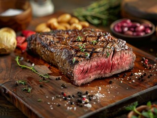 Wall Mural - Grilled Steak on Wooden Cutting Board with Salt and Pepper