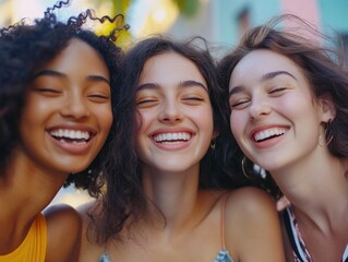 A group of young women posing for a photo, smiling and happy