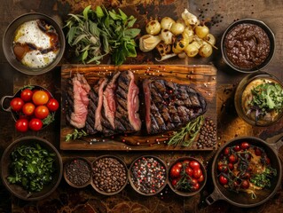 Wall Mural - Grilled Steak with Side Dishes and Ingredients on a Rustic Wooden Board