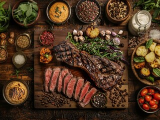 Wall Mural - Grilled Steak with Roasted Potatoes, Herbs, and Spices on a Wooden Board