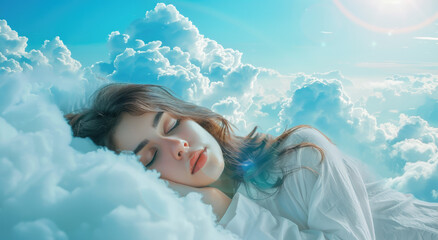 Wall Mural - A beautiful woman sleeping on clouds against a sky blue background