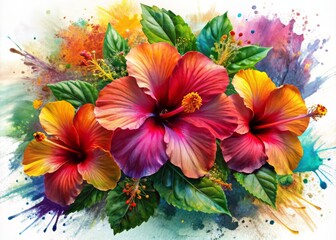 Poster - Vibrant hibiscus flowers splattered with grungy oil paint textures and bold brushstrokes, isolated on a transparent background, evoking a sense of abstract beauty and organic charm.