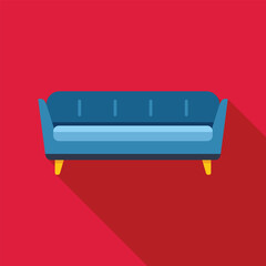 Canvas Print - Blue sofa standing in an empty room with a red wall, concept of minimalism in interior design