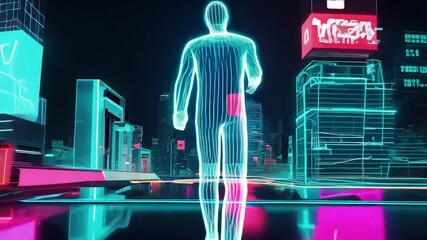 Aufkleber - futuristic augmented reality male exploring neon city landscape generative ai