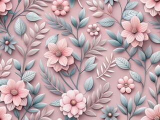 Poster - Delicate pink flowers and grey leaves dance across a soft pink background in a seamless 3D rendered pattern, creating a beautiful and elegant floral design.