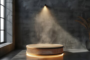 Wall Mural - A modern rattan podium illuminated by spotlights, showcasing a product.