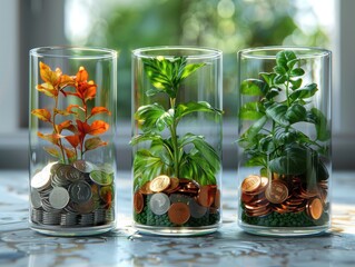 The concept of a tree growing in a glass and placed on a pile of coins, signifying the value of natural resources.