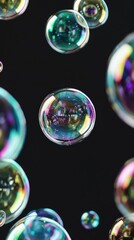 Poster - Bubbles drift gracefully through the air, shimmering with colorful reflections against a deep black backdrop, creating a mesmerizing visual experience