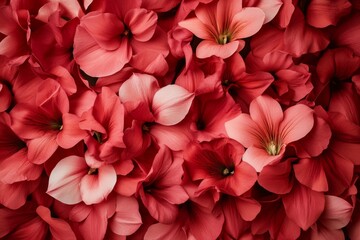 Poster - Bright Aerial View of Red Alstroemerias Displayed in Serried Row Creating Symmetrical Geometric Pattern, Pastel Tones, Diffused Lighting, Textured Background
