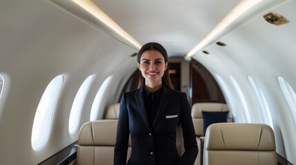 Beautiful female cabin crew air hostess smiling at the camera, Flight attendant private jet luxury airline.