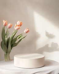 Poster - Elegant Light Gray Podium in Serene Studio with Soft Orange Tulips and Diffused Natural Daylight