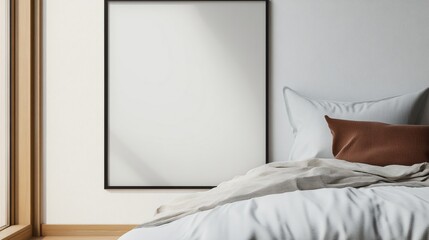 Poster - Cozy Indoor Beige Wall Mockup Warm Bedroom Scene with Empty Poster, Subtle Shadows, and Natural Daylight