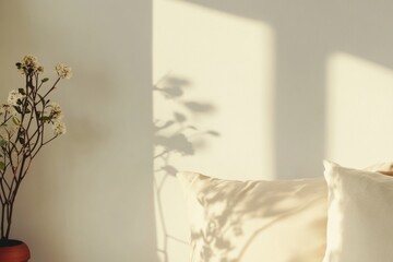 Poster - Cozy Indoor Setup with Warm Beige Wall, Single White Pillow and Plant Shadow in Morning Sunlight - Perfect for Branding and Promotional Content