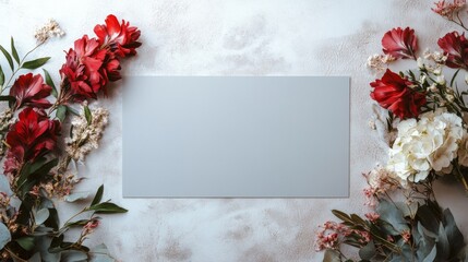 Poster - Floral Theme Mockup with Calming Red and White Alstroemeria Surrounding Central Gray Sign on Light Gray Concrete Surface