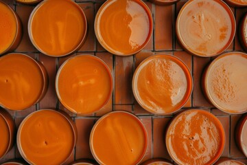 Poster - Symmetrical Aerial View of Vibrantly Orange Drinks Creating Intricate Geometric Patterns Against Textured Backgrounds in Bright, Diffused Lighting