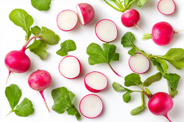 Wall Mural - Background with red small radishes  and leaves isolated on white 