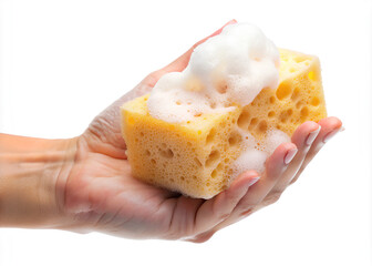 Wall Mural - Hand holding sponge cleaning with soap foam. Cleaning concept isolated on a white background