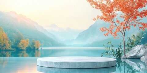 Canvas Print - Circular Concrete Platform Floating on a Calm Lake with Mountain and Autumn Tree Background