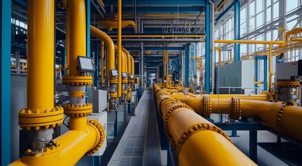 A wide shot of yellow gas pipes in industrial environment, large scale natural gas production plant. The concept of Gas plant control system, visible valves, technology, engineering, business