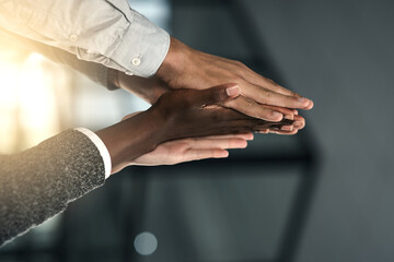 Poster - Hands, employees and high five to celebrate in office, motivation and solidarity in team building. Business people, collaboration and community for teamwork planning, together and support in mission