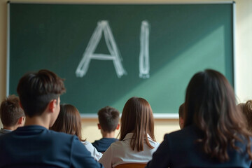 High school, college students sitting in a classroom learning about artificial intelligence as part of their curriculum subject. AI classes being taught in schools, educating for the future.