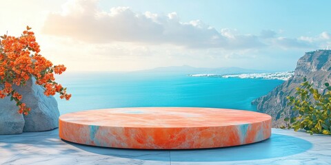 Canvas Print - Circular Orange Marble Pedestal with Ocean and Cliffs View