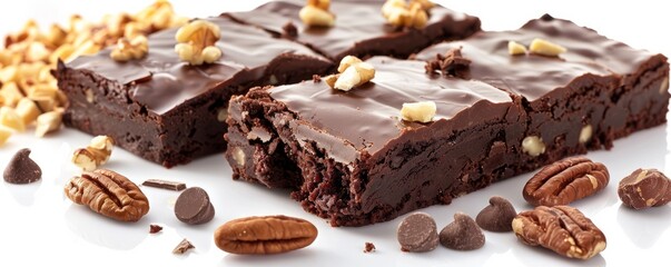 Wall Mural - Freshly baked chocolate brownies with nuts and frosting on white background, 4K hyperrealistic photo