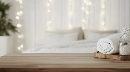 Aufkleber - Cozy, Warm Beige Wooden Table in Morning Light, Soft Focus Indoor Bedroom with Subtle Decorations, Soft White Pillow and Wooden Tray on Right, Stock Style