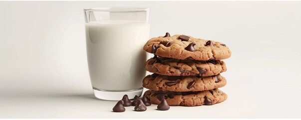 Wall Mural - Freshly baked chocolate chip cookies with milk on white background, 4K hyperrealistic photo