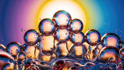 Poster - Closeup view of vibrant water bubbles rising against a bright backdrop showcasing liquid bubbles with embedded molecules that reveal their essence