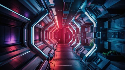 Poster - Futuristic SciFi Hallway Corridor Interior CloseUp in a Spacecraft  3D Rendering