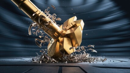 Poster - Closeup of a goldcoated drill bit aggressively cutting through a solid surface dispersing metal shavings representing industrial strength and precision